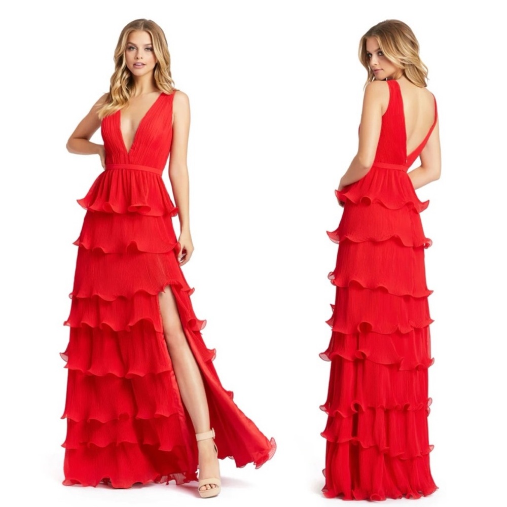 Mac Duggal Sleeveless Ruffle Tiered V-Neck Gown in Red style 49054, SIZE 2